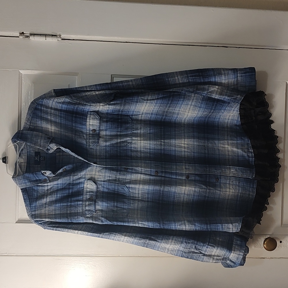 Women's George L blue long sleeve flannel with black lace trim 100% cotton